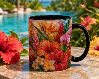 Taza de café y té con diseño floral de hibisco tropical en vidriera