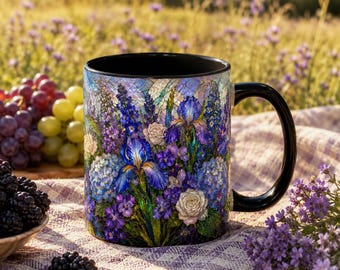 Taza de café de vidriera con diseño floral de iris morado