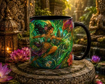 Taza de café o té de vidriera con diseño de guerrero de la jungla tropical.