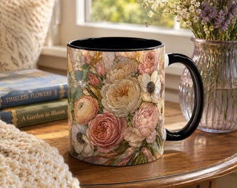 Taza de café o té con un clásico ramo floral de hermosas peonías y anémonas.