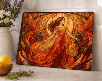 Tabla de cortar de cristal con figura de mujer fénix llameante / Arte en vidrieras rojo anaranjado
