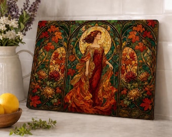 Tabla de cortar de cristal con figura femenina de estilo Art Nouveau / Decoración de cocina con figura femenina en vidriera floral