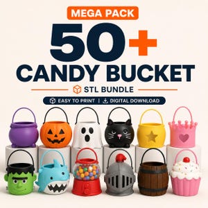 May include: A digital download bundle of 50+ candy buckets featuring various designs including a purple cauldron, orange jack-o'-lantern, white ghost, black cat, yellow star, pink crown, green monster, blue shark, gumball machine, knight helmet, barrel, and cupcake.