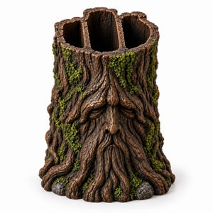 Puede incluir: Un organizador de escritorio con forma de tocón de árbol marrón y tres compartimentos interiores. El exterior presenta un rostro esculpido con una larga barba y detalles de corteza texturizada, con parches de musgo verde y piedras grises.