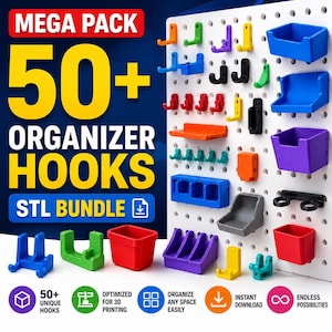 May include: A digital file bundle featuring 50+ organizer hooks and bins for pegboards. The image displays a white pegboard with various colorful plastic hooks, shelves, and containers in red, blue, green, orange, purple, black, and gray.