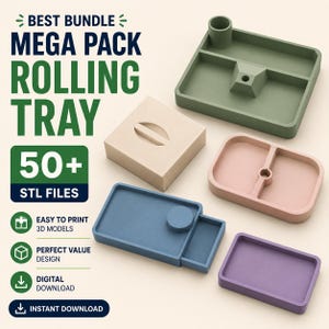 May include: A bundle of 3D printable rolling tray models featuring text that reads BEST BUNDLE MEGA PACK ROLLING TRAY 50+ STL FILES. The image displays five distinct trays in olive green, beige, light pink, blue, and purple with various compartments.