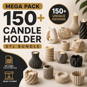 Puede incluir: Un gráfico digital que muestra una colección de más de 150 diseños de portavelas para impresión 3D. La imagen presenta varios portavelas en beige, gris y negro, con velas de té encendidas dentro de algunos, dispuestos en plataformas escalonadas.