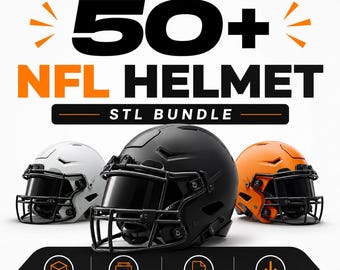 May include: A digital bundle featuring 50+ NFL helmet STL files. The graphic displays three football helmets in white, black, and orange, each with a black face mask and visor. Text includes MEGA PACK, 50+, NFL HELMET, STL BUNDLE, HIGH DETAIL, EASY TO PRINT, STL FILES, and DIGITAL DOWNLOAD.