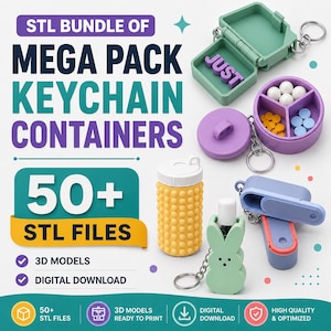 Puede incluir: Un paquete de descarga digital de más de 50 archivos STL para contenedores de llavero imprimibles en 3D. La imagen muestra varios estuches de almacenamiento pequeños, incluyendo una caja verde con bisagras con la palabra JUST, un organizador de pastillas morado, un cilindro amarillo texturizado y un contenedor con forma de conejo.