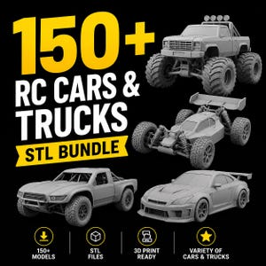 Puede incluir: Una colección digital de 150+ coches y camiones RC en formato STL con cuatro vehículos modelo 3D en gris, incluyendo un monster truck, un buggy, un trophy truck y un coche deportivo. El texto dice 150+ RC CARS & TRUCKS STL BUNDLE con iconos.