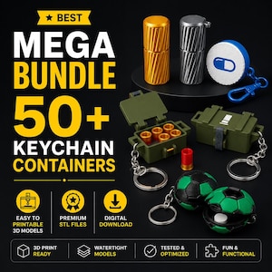 May include: A collection of keychain containers including gold and silver cylindrical canisters, a blue pill-shaped case, olive green ammunition-style boxes with small inserts, and green and black soccer ball-shaped containers with metal key rings.