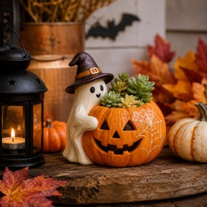 May include: A white ghost figurine wearing a brown witch hat with a gold buckle, hugging an orange jack-o'-lantern pumpkin planter. The pumpkin features a carved face and a white spiderweb design, containing a cluster of small green succulents.