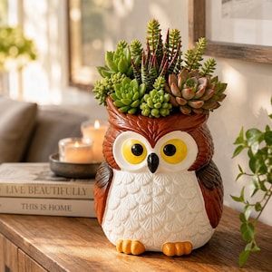 May include: A ceramic owl-shaped planter featuring a brown and white feathered design with large yellow eyes and orange feet. The planter is filled with a variety of green and reddish-tipped succulent plants, creating a dense, textured arrangement.