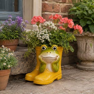Puede incluir: Una maceta con forma de bota de lluvia amarilla que presenta una rana verde esculpida con las manos apoyadas en la barbilla. La maceta está llena de geranios rosas y pequeñas flores blancas, creando un recipiente decorativo para plantas.
