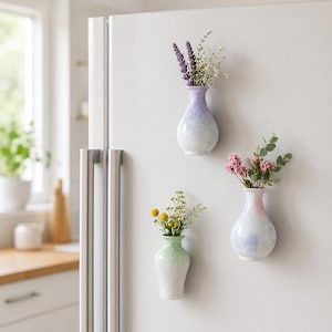 May include: Three small, bulbous ceramic vases attached to a refrigerator surface. Each vase features a unique ombre color gradient: one purple to white, one green to white, and one pink and blue to white. Each holds a small bouquet of flowers.