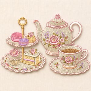 Broderidesign för vintagetebjudning, blommig tekanna och tekopp med desserter, Shabby Chic Cottagecore-konst (digital nedladdning)