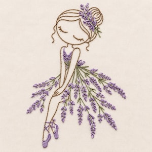 Könnte beinhalten: Ein Stickdesign, das eine stilisierte Figur mit geschlossenen Augen zeigt, deren Haar mit violetten Lavendelzweigen geschmückt ist. Die Figur trägt ein Oberteil und einen weiten Rock aus detaillierten Lavendelstielen und grünen Blättern.