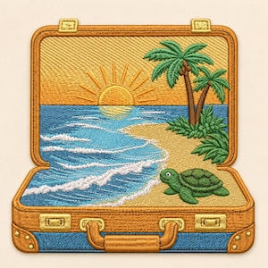 Beach Suitcase Embroidery Design, Tropical Ocean Sunset Turtle Machine Embroidery File, Summer Vacation Digital Download