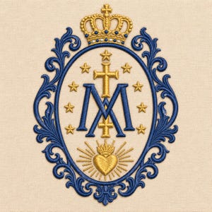 May include: An embroidered design on a cream fabric featuring a central blue letter M intertwined with a gold cross, surrounded by eight gold stars. A gold crown sits above the oval, which is framed by ornate blue scrollwork and a gold heart.