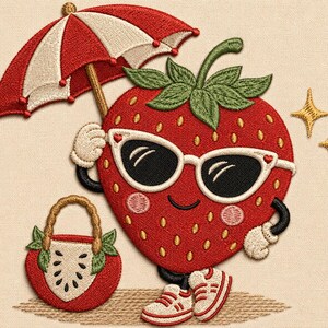May include: An embroidered patch featuring a red strawberry character with a green stem, wearing white sunglasses and sneakers. The character holds a red and white striped umbrella and stands next to a small red bag shaped like a strawberry slice.