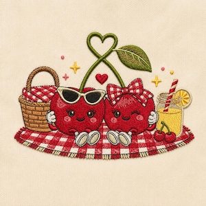 Peut inclure: Un motif de broderie représentant deux cerises rouges anthropomorphes avec des visages, l'une portant des lunettes de soleil et l'autre un nœud à carreaux rouges et blancs, assises sur une nappe de pique-nique à carreaux avec un panier et une limonade.