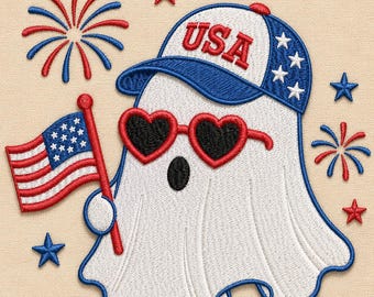 Fichier numérique de motif de broderie fantôme USA mignon, 4 juillet drapeau américain fantôme motif de broderie Machine (fichier numérique)