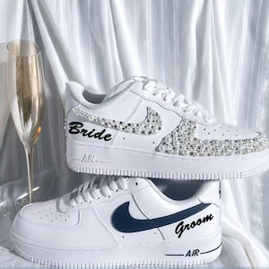 Personalized Bride and Groom Wedding Sneakers, Matching Couple Shoes with Names and Date, Pearl Rhinestone Low Top Reception Shoes