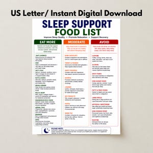 Sleep Support Food List, Nutrition Chart, Wellness Poster (Digital Download)