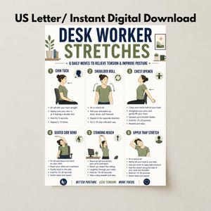 May include: A digital poster titled Desk Worker Stretches featuring six illustrated exercises for posture. The chart includes instructions for chin tucks, shoulder rolls, chest openers, seated side bends, standing reaches, and upper trap stretches.