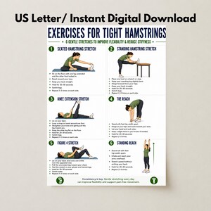 Può includere: Un poster digitale intitolato Exercises for Tight Hamstrings con sei illustrazioni numerate di esercizi di stretching. Ogni sezione include istruzioni testuali per movimenti come stretching da seduti, in piedi e a figura 4 per migliorare la flessibilità.