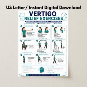 Könnte beinhalten: Ein digitales US-Letter-Poster mit dem Titel Vertigo Relief Exercises, das neun illustrierte Übungen zur Verbesserung des Gleichgewichts zeigt. Das Dokument enthält Anleitungen für Blickstabilisierung, Kopfbewegungen und Gehen.