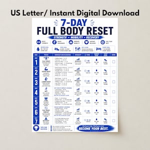 May include: A white US Letter digital download chart titled 7-Day Full Body Reset with blue text and icons. It features a seven-day workout schedule including columns for focus, main session exercises, intensity, time, water goals in ounces, and steps.