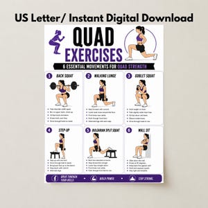 May include: A digital poster titled Quad Exercises featuring 6 essential movements for quad strength. It includes illustrations and instructions for back squat, walking lunge, goblet squat, step-up, Bulgarian split squat, and wall sit exercises.