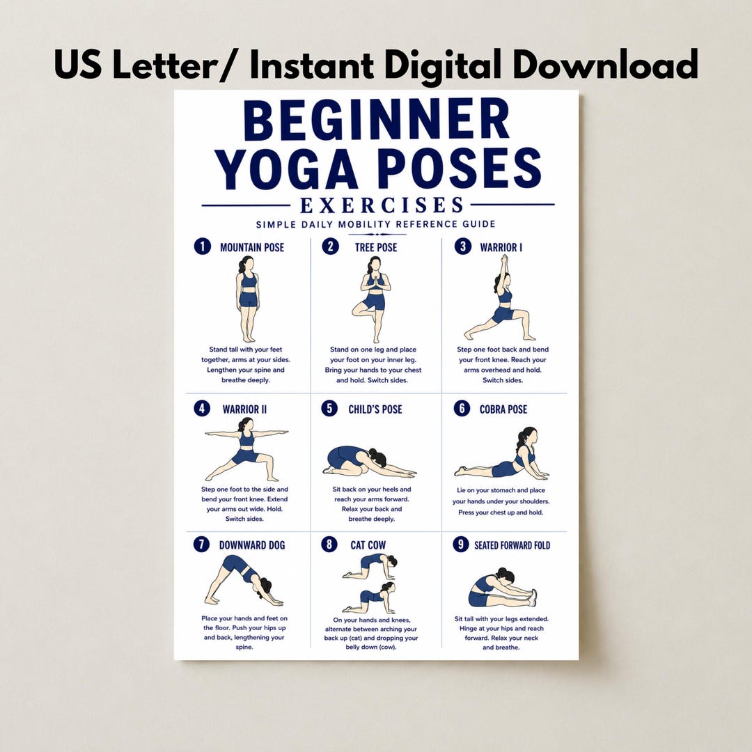 Beginner Yoga Poses Chart, Yoga Exercise Guide, Beginner Yoga Reference
