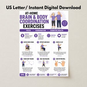 Könnte beinhalten: Ein weißes Informationsplakat mit dem Titel AT-HOME BRAIN & BODY COORDINATION EXERCISES. Es enthält violetten Text, Illustrationen von zwei älteren Erwachsenen und sechs nummerierte Übungsschritte wie Sitz-Cross-Crawl und Achter-Tracing.