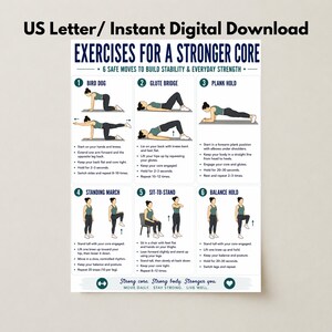 May include: A US Letter digital download poster titled Exercises for a Stronger Core. It features six numbered illustrations of exercises: Bird Dog, Glute Bridge, Plank Hold, Standing March, Sit-to-Stand, and Balance Hold with written instructions.