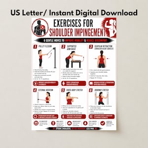 May include: A US Letter size instructional poster titled Exercises for Shoulder Impingement. It features six numbered illustrations of physical therapy movements with red and black text, detailing steps for pulley flexion, arm raises, and stretches.