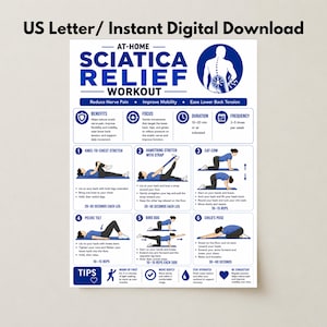 May include: A US Letter size digital download featuring an At-Home Sciatica Relief Workout guide. The blue and white poster displays six illustrated exercises, including knee-to-chest, hamstring stretch, cat-cow, pelvic tilt, bird dog, and child's pose.