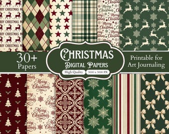 30+ Watercolor Christmas Digital Paper Bundle, Christmas Scrapbook Pages, Merry Christmas Backgrounds Sublimation, Printable Holiday Papers