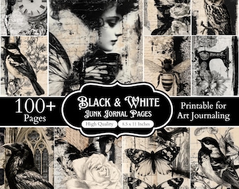 Páginas de diario de estilo vintage en blanco y negro con efecto desgastado, papeles para álbumes de recortes grunge, arte de collage shabby chic, efímeros vintage, más de 100 páginas (8.5 x 11 pulgadas).