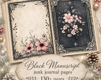 Über 130 schwarze Manuskriptseiten für Junk Journals, gotische Druckpapiere, Vintage-Hintergründe mit Ornamenten, Scrapbook-Papiere im Dark-Academia-Stil