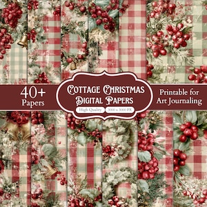 May include: A collection of digital papers featuring red and white buffalo plaid patterns, red holly berries, green pine needles, and gold bells. The text reads 40+ Papers, Cottage Christmas Digital Papers, High Quality, 3000 x 3000 PX, Printable for Art Journaling.