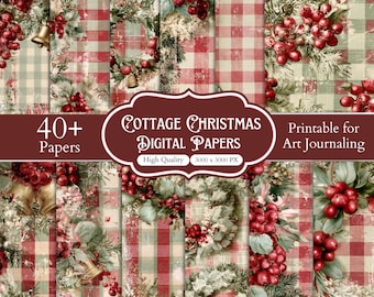 40+ Cottage Christmas Digital Papers Bundle, Vintage Plaid Scrapbook Paper, Holly Berry Christmas Backgrounds, Rustic Holiday Printable