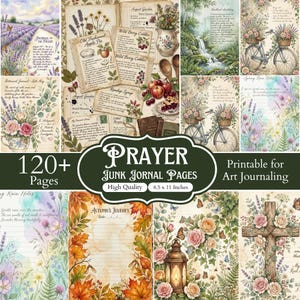 May include: A collection of 120+ printable junk journal pages featuring vintage-style illustrations of lavender fields, botanical gardens, bicycles with flower baskets, autumn leaves, lanterns, and crosses, with text overlays and recipe cards.
