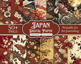 Japanskt digitalt papperspaket, 50+ sömlösa mönster, rödguldfärgade asiatiska bakgrunder, Sakura blommigt scrapbookingpapper, utskrivbart vintage Japan