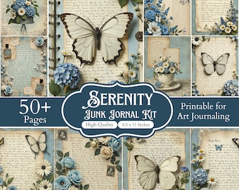 50+ Serenity Junk Journal Kit, Vintage Blommigt Ephemera, Mjuka Neutrala Scrapbookpapper, Utskrivbara Journalsidor, Digital Nedladdning