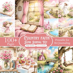 May include: A digital junk journal kit featuring over 100 pages of printable art, including illustrations of pink flowers, a small church, a person in a white dress, and a table with food. The text reads Country Faith Junk Journal Kit 8.5 x 11 Inches.