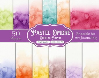 50 digitala pastellfärgade ombrepapper, ljusa pastellfärgade akvarelltexturer, färgglada scrapbookpapper, utskrivbara bakgrunder, digital nedladdning
