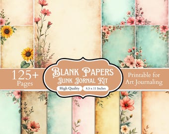 Leere Papiere Junk Journal Kit, 125+ druckbare Seiten, Pastell Blumen Schreib Blätter, linierte normale Gitter Seiten, Vintage Sammelalbum, digitaler Download