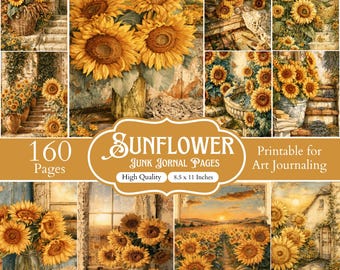160 Vintage Sunflower Junk Journal Pages, Summer Meadow Printable Papers, Rustic Floral Scrapbook Kit, Botanical Ephemera, A4 (8.5x11) Pages